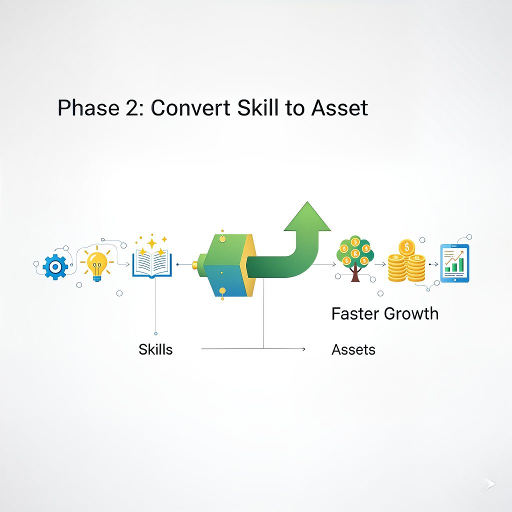Conceptual pipeline showing the strategic conversion of active skills into scalable passive financial assets (Phase 2).