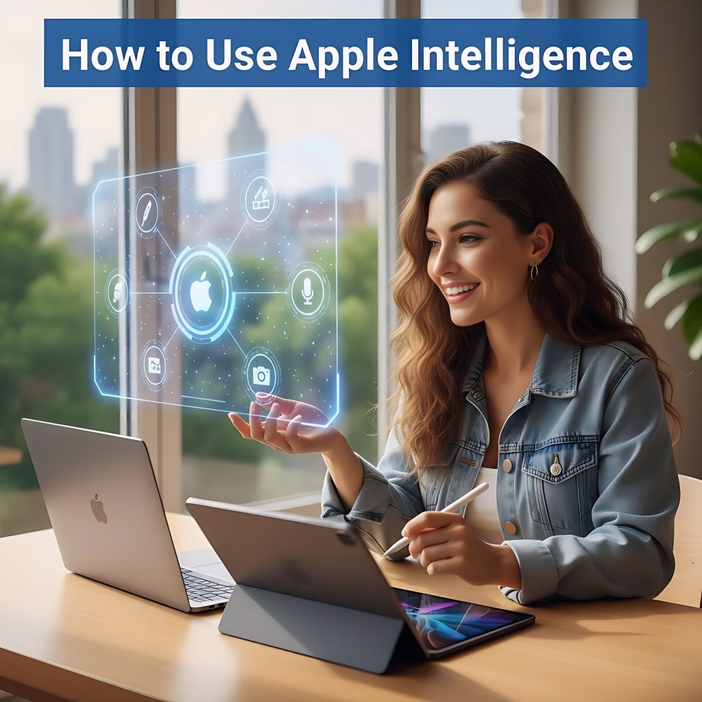 Young woman using Apple Intelligence features like Writing Tools or Image Playground on an iPhone/Mac, illustrating smart productivity and digital asset creation.