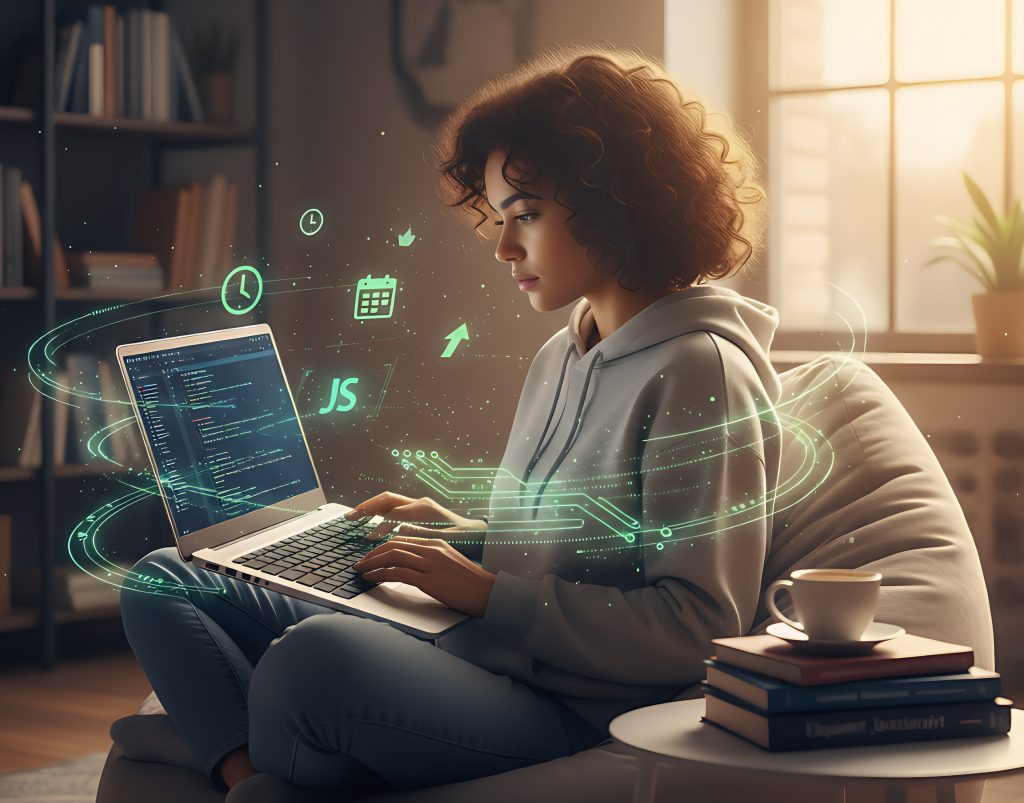 Girl learning JavaScript on laptop, surrounded by code and a clock representing the time to learn JavaScript