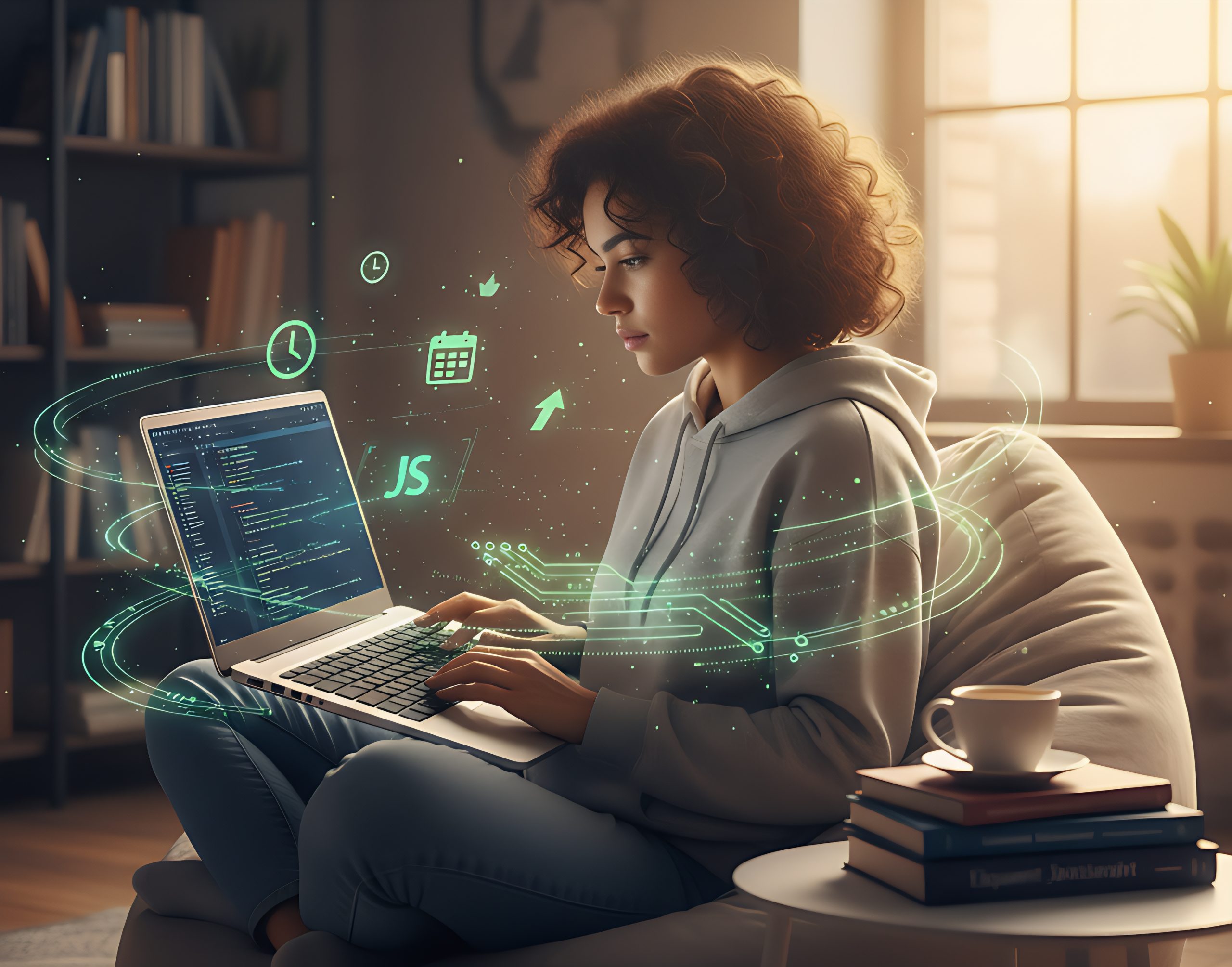 Girl learning JavaScript on laptop, surrounded by code and a clock representing the time to learn JavaScript
