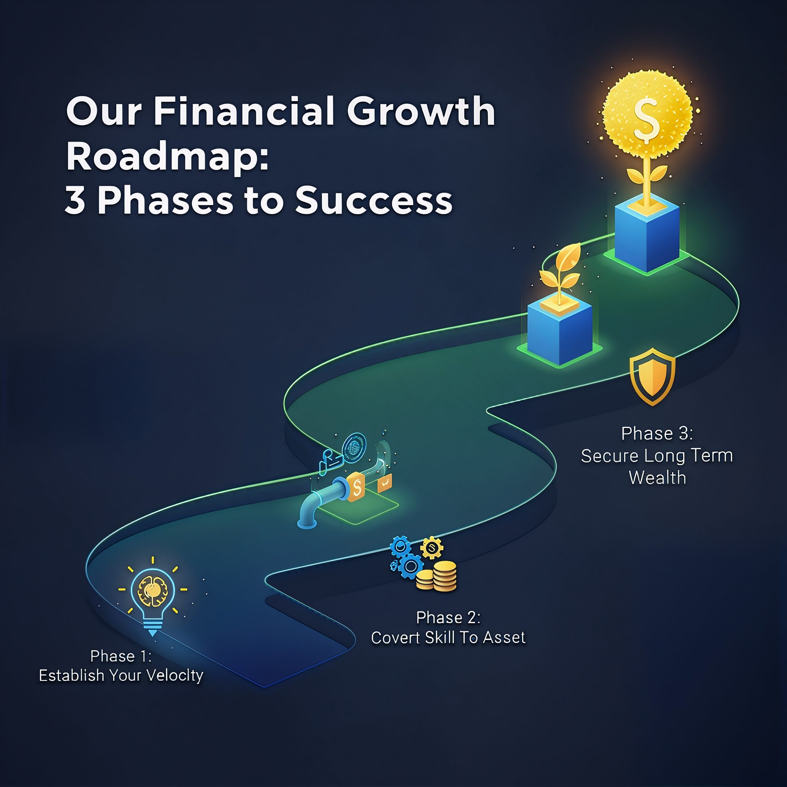HaLearnix Financial Growth Roadmap: A visual guide outlining 3 intelligent phases to wealth success, including establishing velocity, converting skills to assets, and securing long-term financial growth.