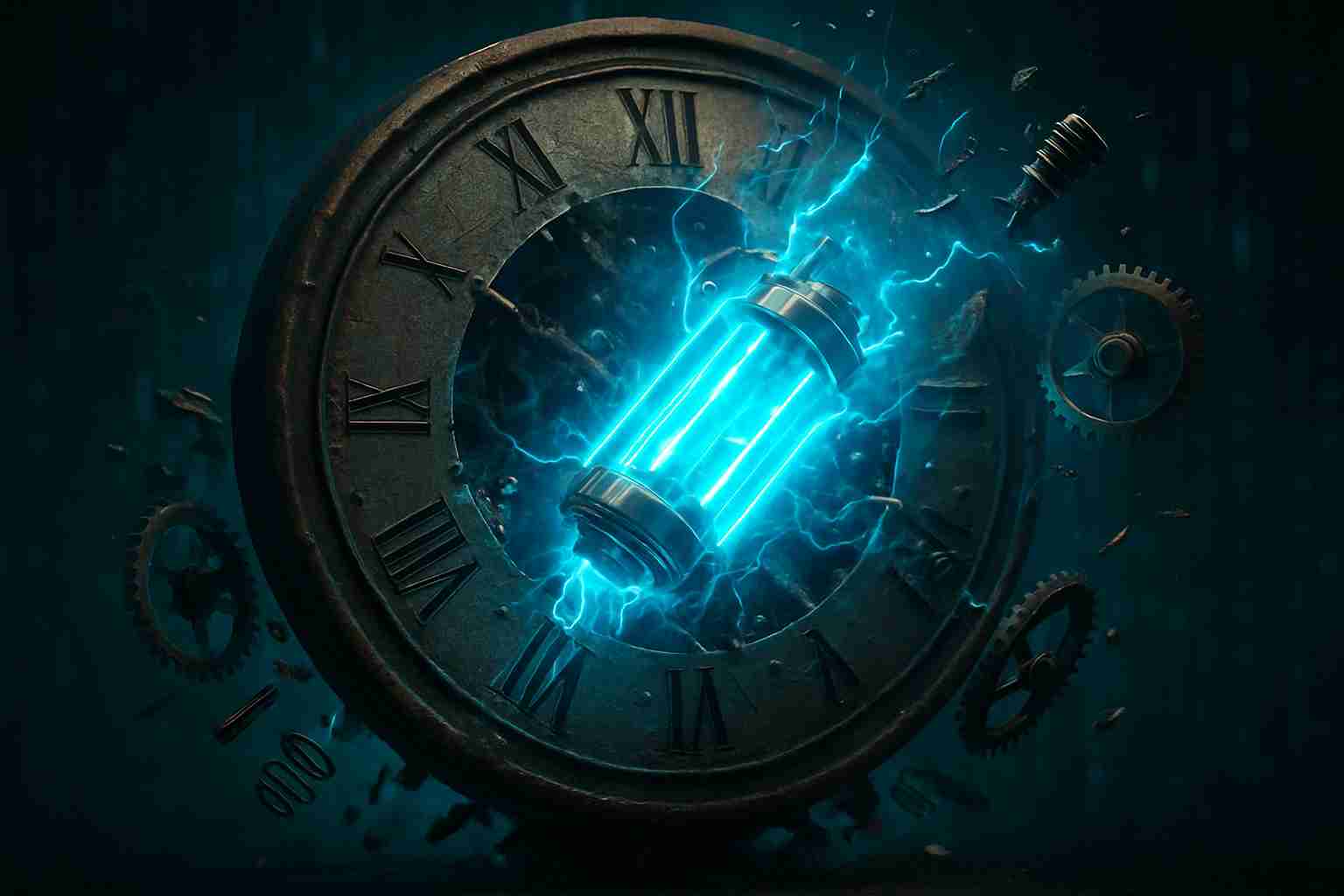 A glowing digital energy core bursting out of a broken mechanical clock, visualizing energy management over time management for side hustlers.