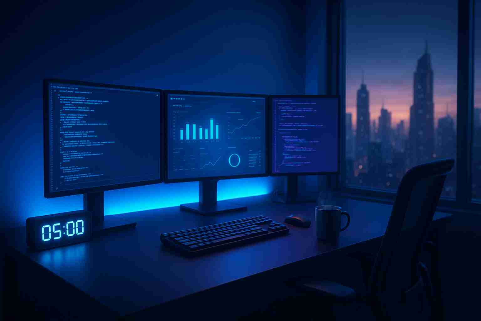 A futuristic workspace at 5 AM showing peak energy focus for a side hustler while the city sleeps.