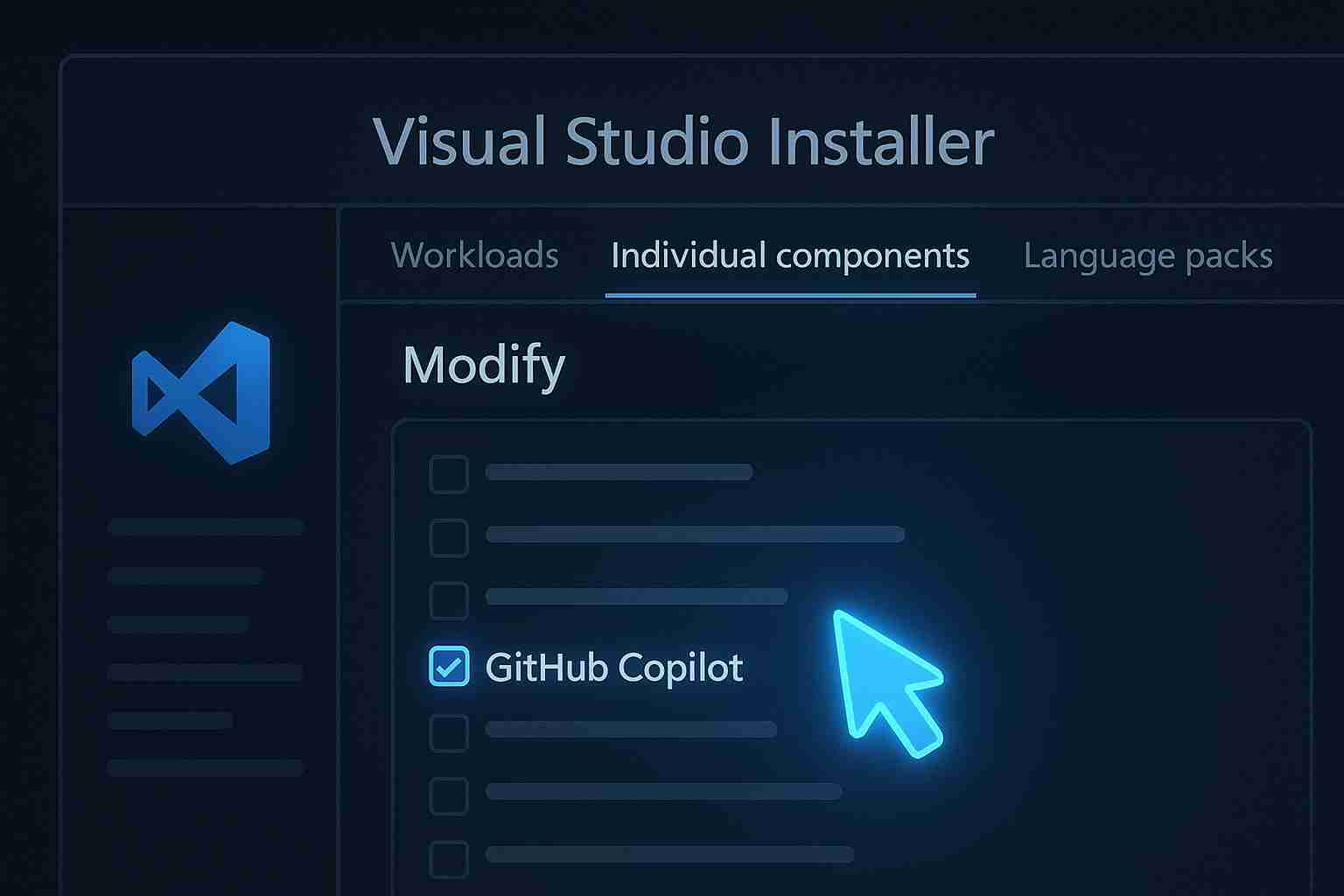 Visual Studio Installer screen showing the GitHub Copilot component being selected under the Individual components tab.