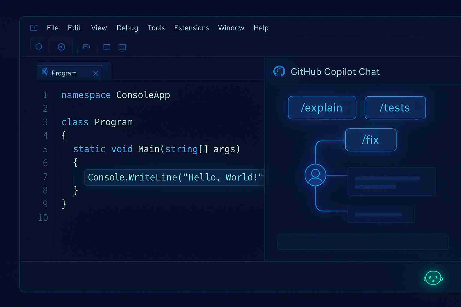 Visual Studio IDE interface showing the GitHub Copilot Chat window open next to the code editor, displaying slash command options.