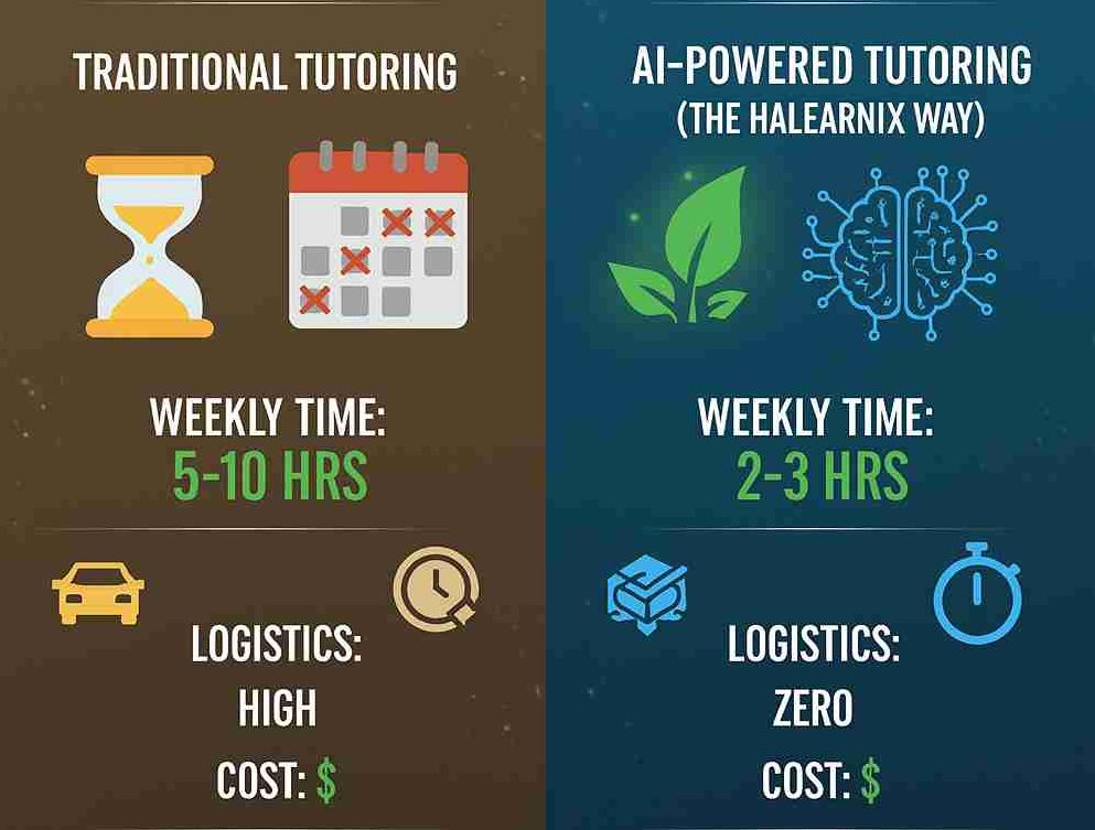 Side-by-side comparison infographic showing time and cost investment for traditional tutoring versus AI tutoring with significant differences highlighted.