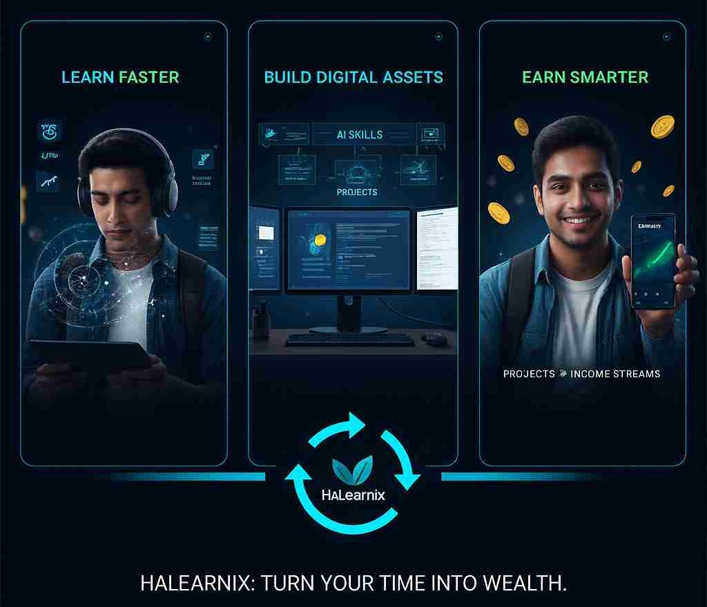 HALearnix platform interface screenshot showing personalized learning roadmaps, hands-on project guides, and income generation strategies for students.