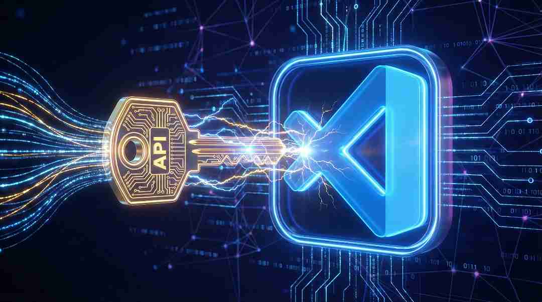 A futuristic illustration showing a glowing DeepSeek API key connecting into the Visual Studio Code logo for integration setup.