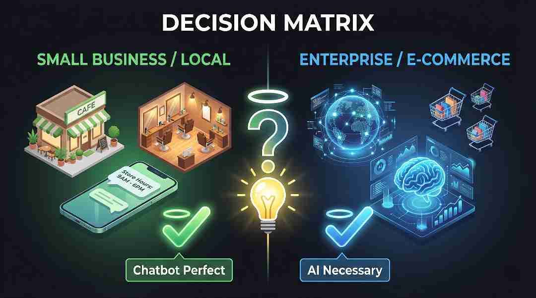 A decision matrix comparing when to choose a rule-based chatbot for local businesses versus conversational AI for enterprises.