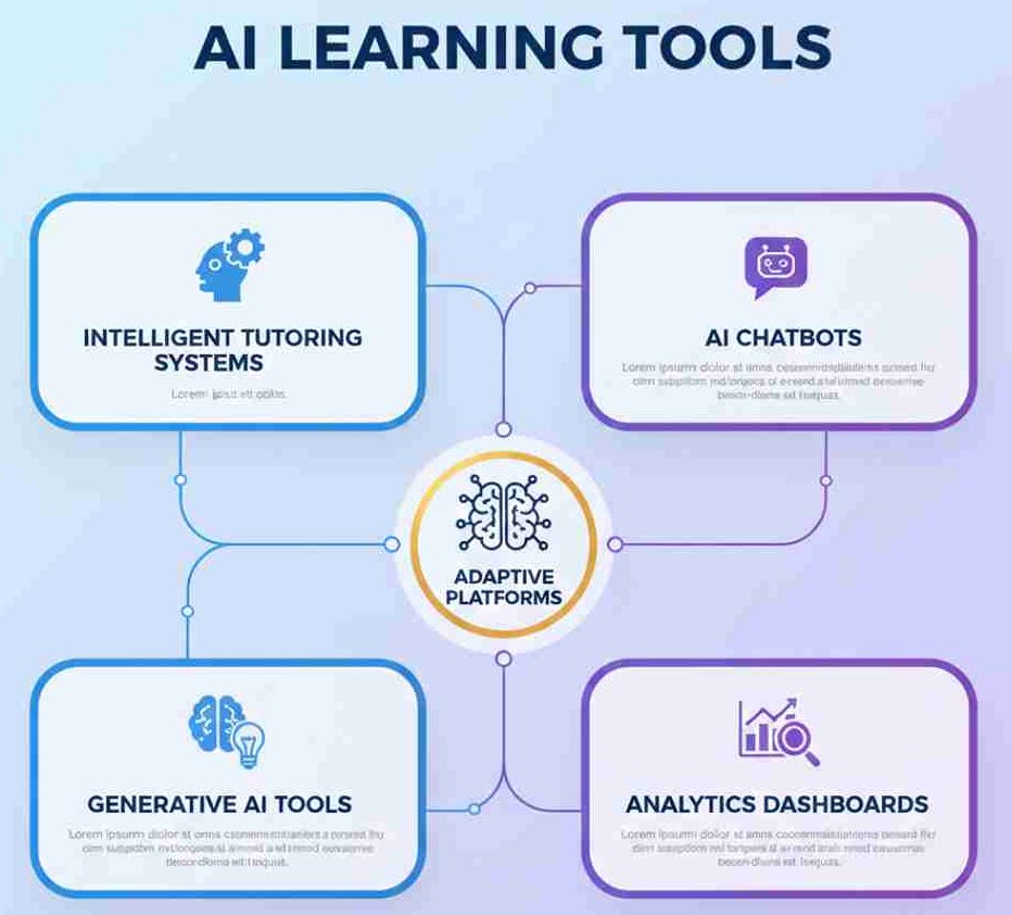Visual guide showing AI learning tools like chatbots, adaptive platforms, generative AI apps