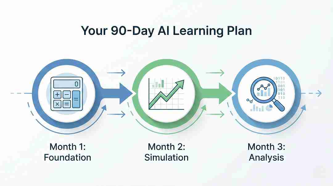 90-day AI math and finance learning plan roadmap infographic.