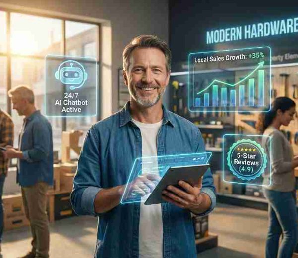 A successful local business owner in his shop using an AI dashboard tablet, visualizing how to use AI for local business growth and automation.