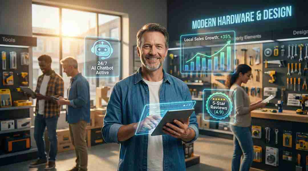 A successful local business owner in his shop using an AI dashboard tablet, visualizing how to use AI for local business growth and automation.