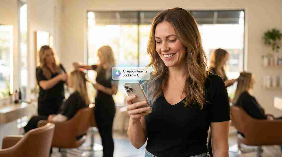 A happy local salon owner using AI tools on her phone to manage bookings and save time.
