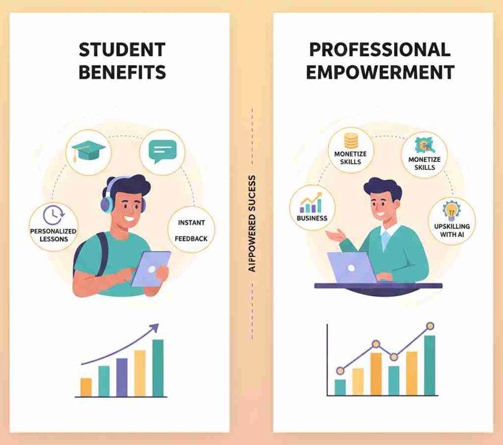 Side-by-side visual of AI-powered learning benefits for learners and professionals