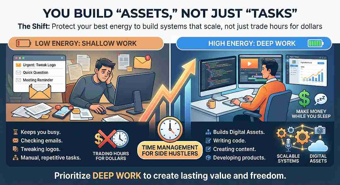 It visualizes the shift from trading hours for dollars to building digital assets and scalable systems to make money while you sleep, focusing on the concept of 'Time Management for Side Hustlers'.