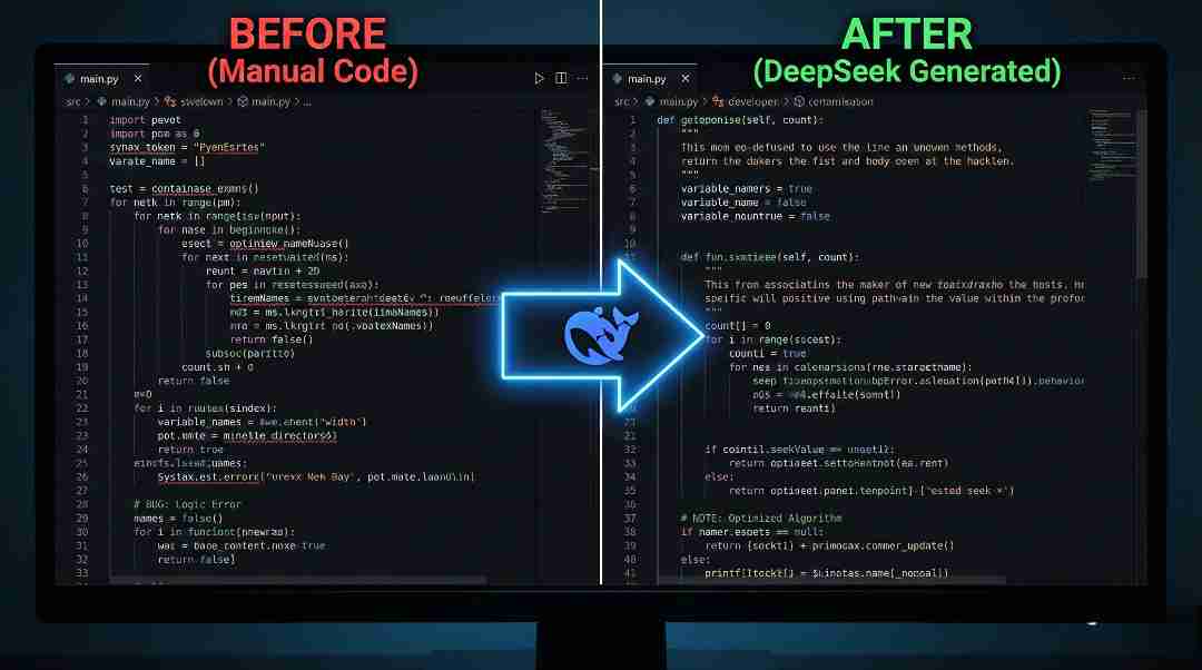 A side-by-side comparison showing messy manual code transformed into clean, optimized, and commented code using DeepSeek AI.