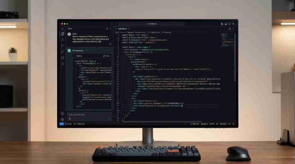 Screenshot of Cursor AI interface showing the process to build projects with vibe coding. A user prompt creates a React task list component automatically.