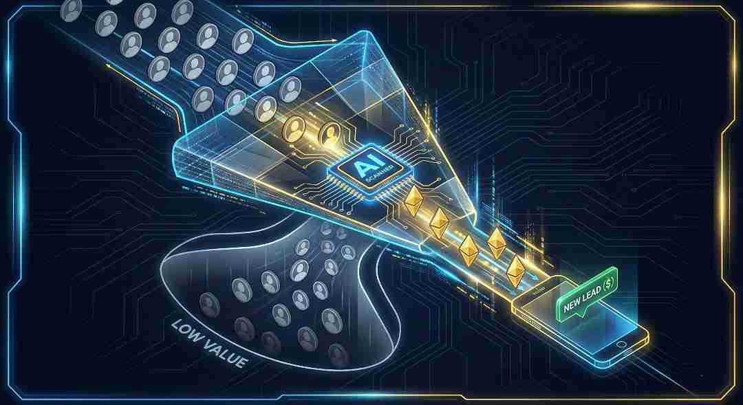 An AI lead generation bot filtering generic contacts and identifying high-value clients, sending a notification to a phone.