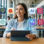 Best AI tools to learn math and finance infographic showing student using apps