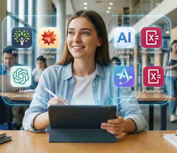Best AI tools to learn math and finance infographic showing student using apps