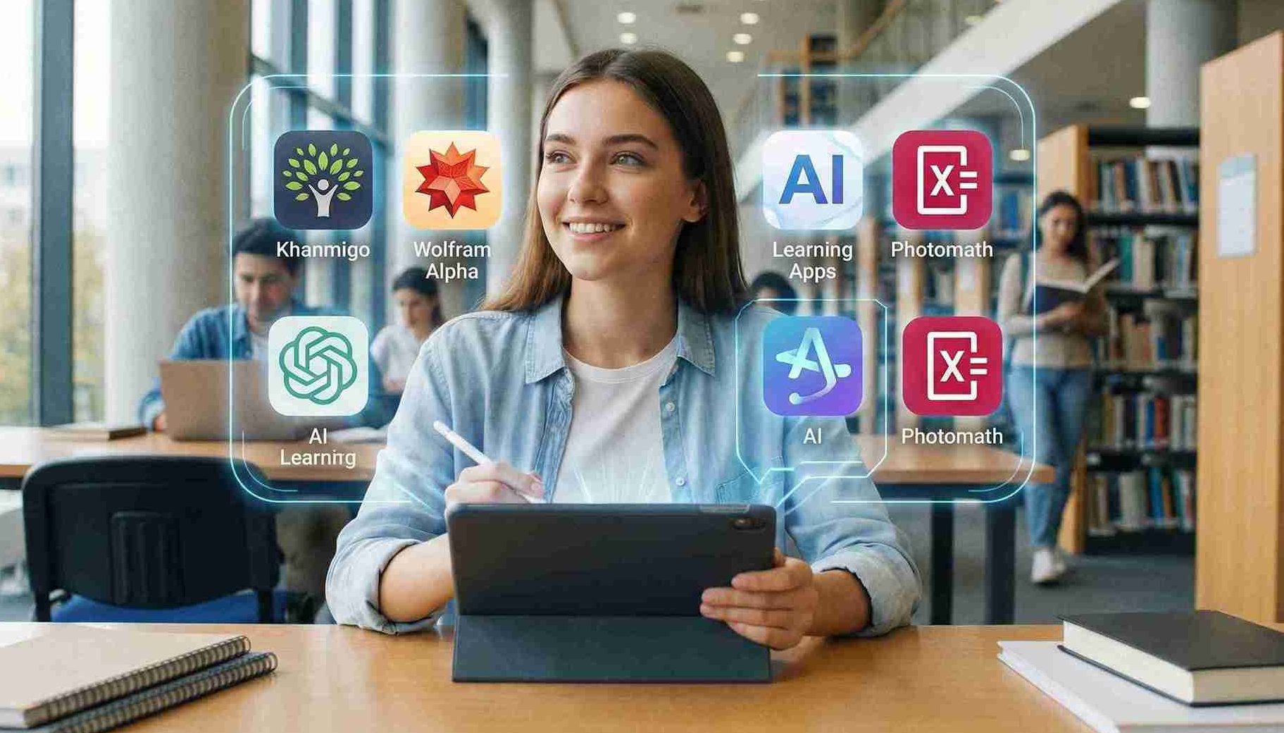 Best AI tools to learn math and finance infographic showing student using apps