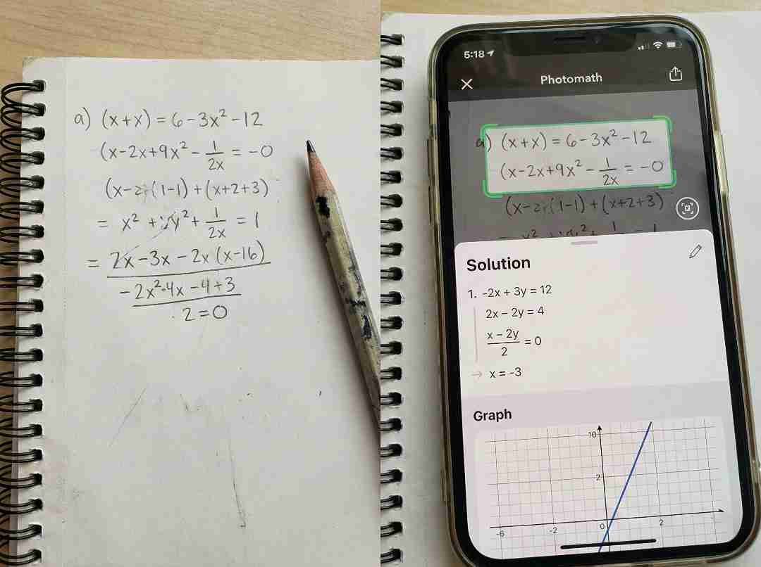 Photomath AI instantly solving handwritten math problem with steps on phone screen