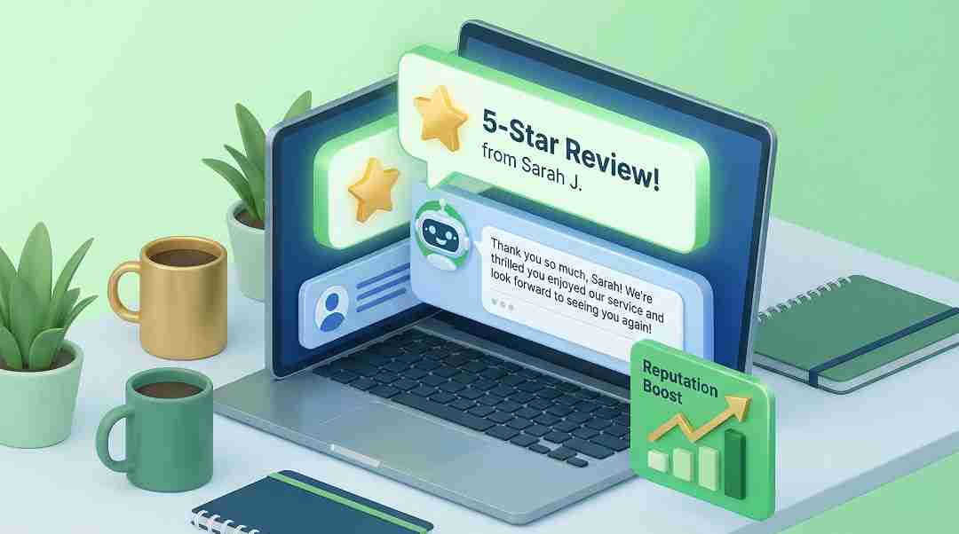 AI automatically responding to a 5-star Google review to boost local business reputation and SEO.