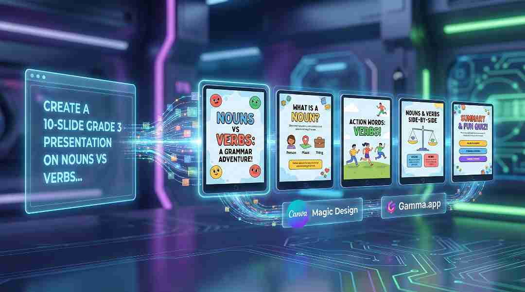 An illustration of automated AI content creation showing a text prompt transforming into a Grade 3 educational slide deck using Canva and Gamma tools.