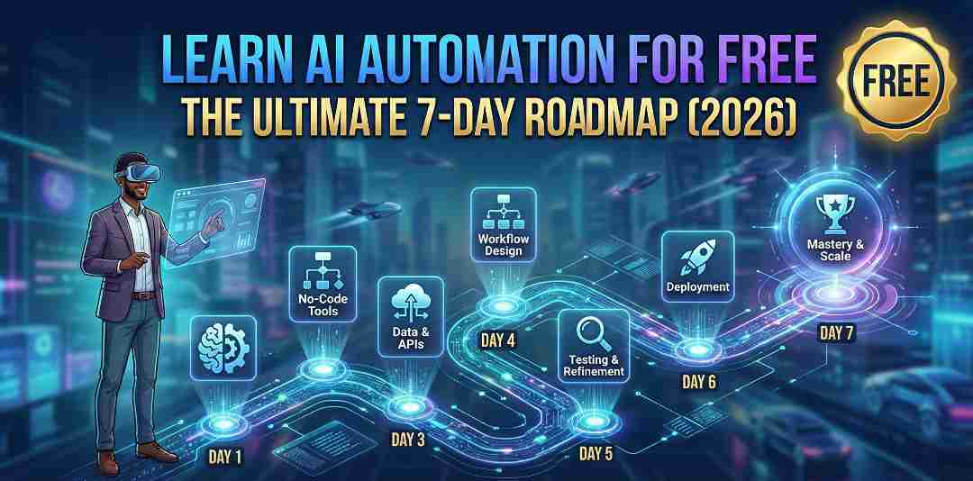 Futuristic roadmap visualization showing the 7-day journey to learn AI automation for free, featuring milestones from basic tools to monetization.
