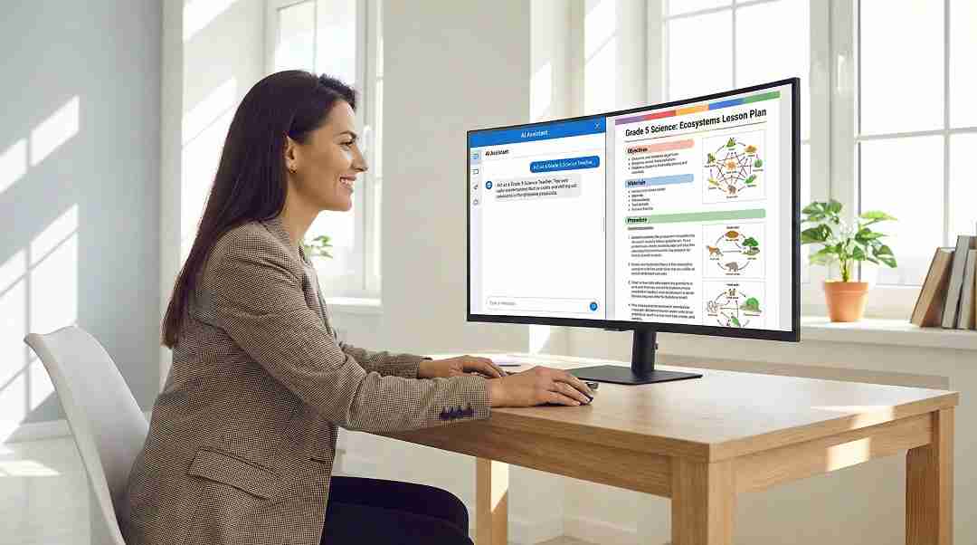 A teacher successfully generating a detailed lesson plan using an engineered AI prompt on their computer screen.
