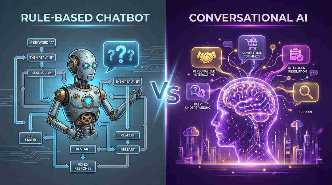 A futuristic split-screen infographic comparing a rigid rule-based chatbot (left) versus an intelligent conversational AI brain (right).