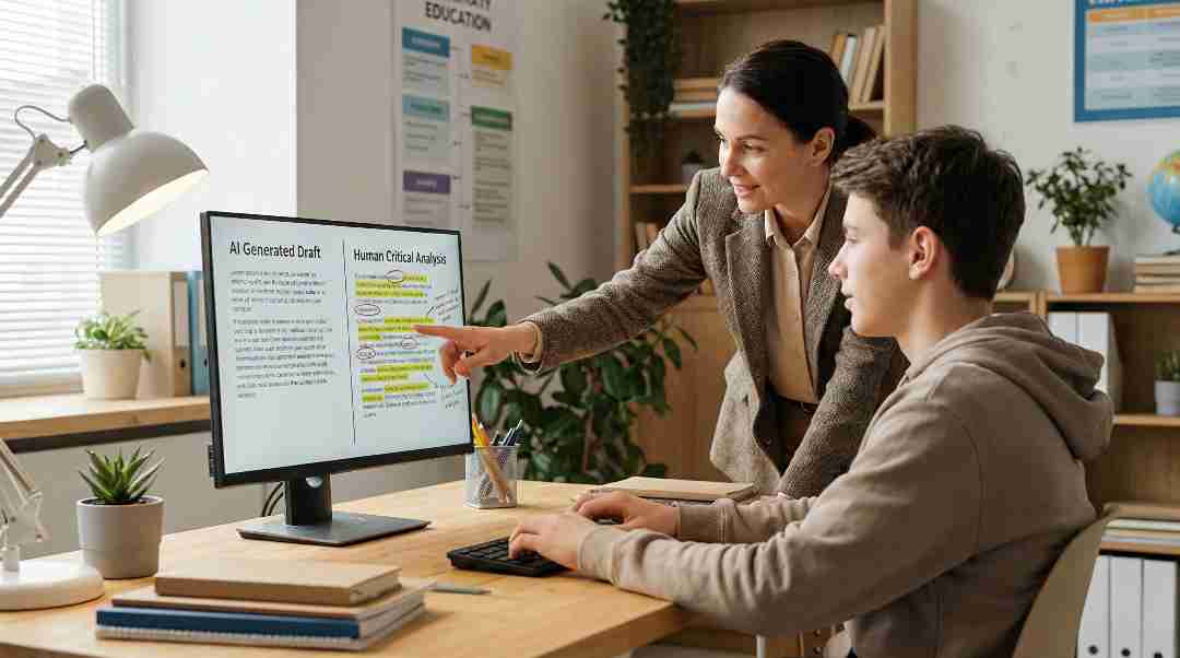 A teacher guiding a student on how to critically analyze AI-generated essays instead of plagiarizing.