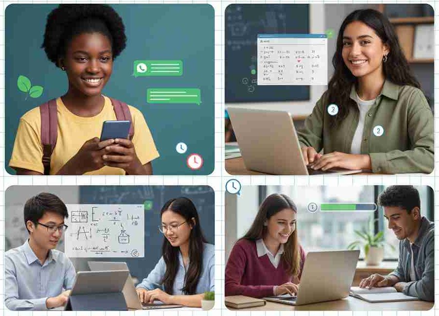 Photo collage showing diverse students of different ages successfully using AI tutoring tools on smartphones, tablets, and laptops.`