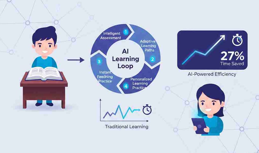 Diagram illustrating AI tutoring system saves time for students components: intelligent assessment, adaptive learning paths, instant feedback, and personalization features.`