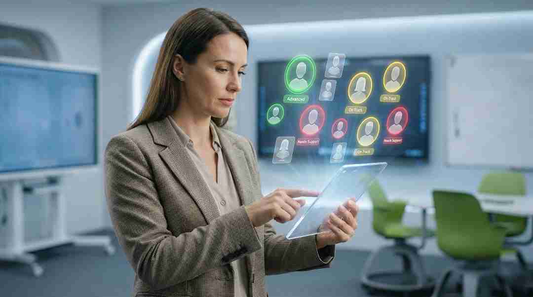 A teacher using AI data analytics on a tablet to group students by learning needs.