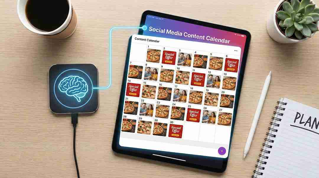 An AI-generated social media content calendar for a local business showing 30 days of scheduled posts.