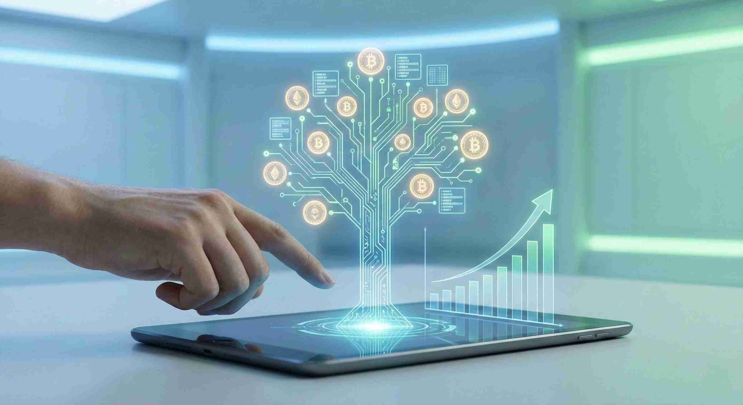 A close-up of a user utilizing AI-powered learning tools on a tablet to track digital wealth. The screen displays a holographic tree representing income-generating assets and a rising revenue growth graph.