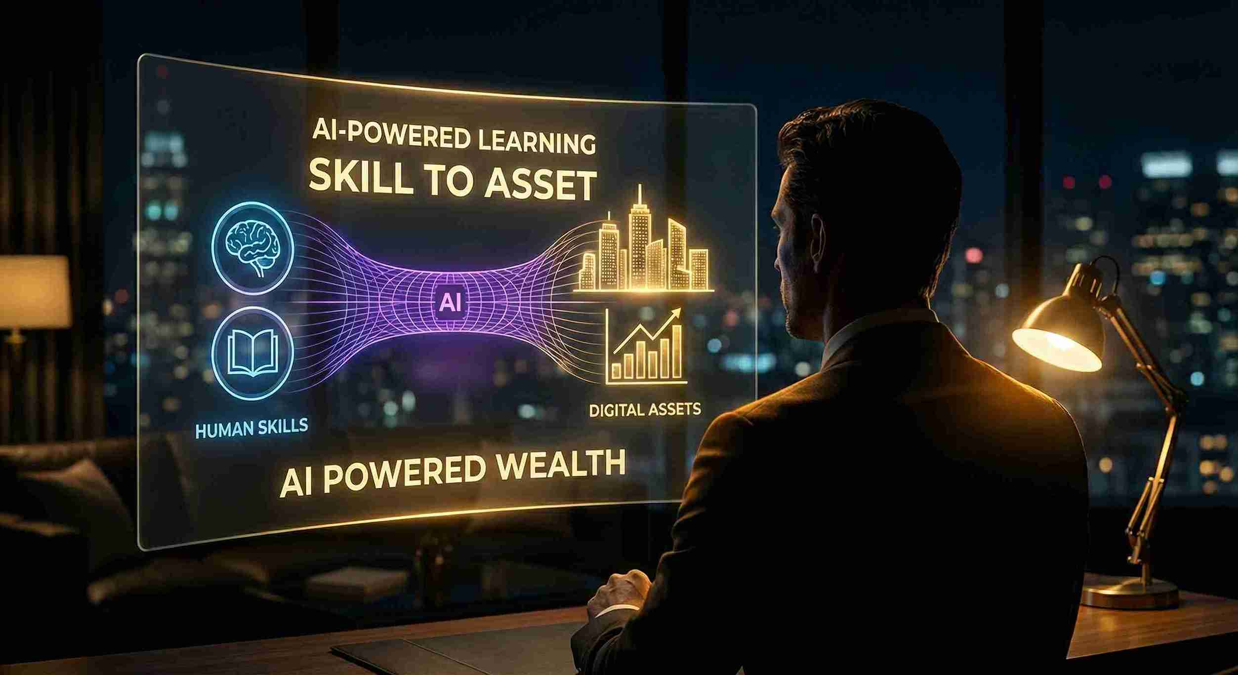 Cinematic visualization of HALearnix AI-Powered Learning transforming human skills into income-generating digital assets via a holographic financial roadmap.