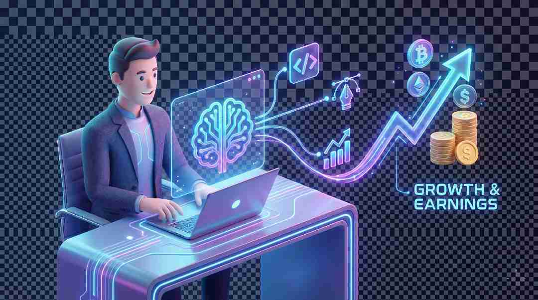 3D illustration showing a professional mastering AI-Powered Learning to build high-demand AI-Powered Skills and achieve financial growth, symbolizing the ultimate Skill to Earn.