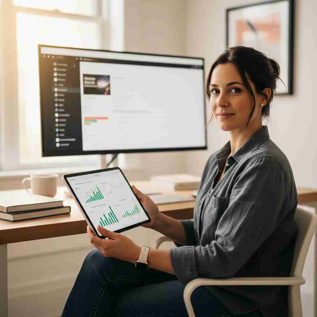 A successful digital entrepreneur analyzing financial growth charts on a tablet, representing the transition from AI-powered learning to income-generating digital assets at HALearnix.