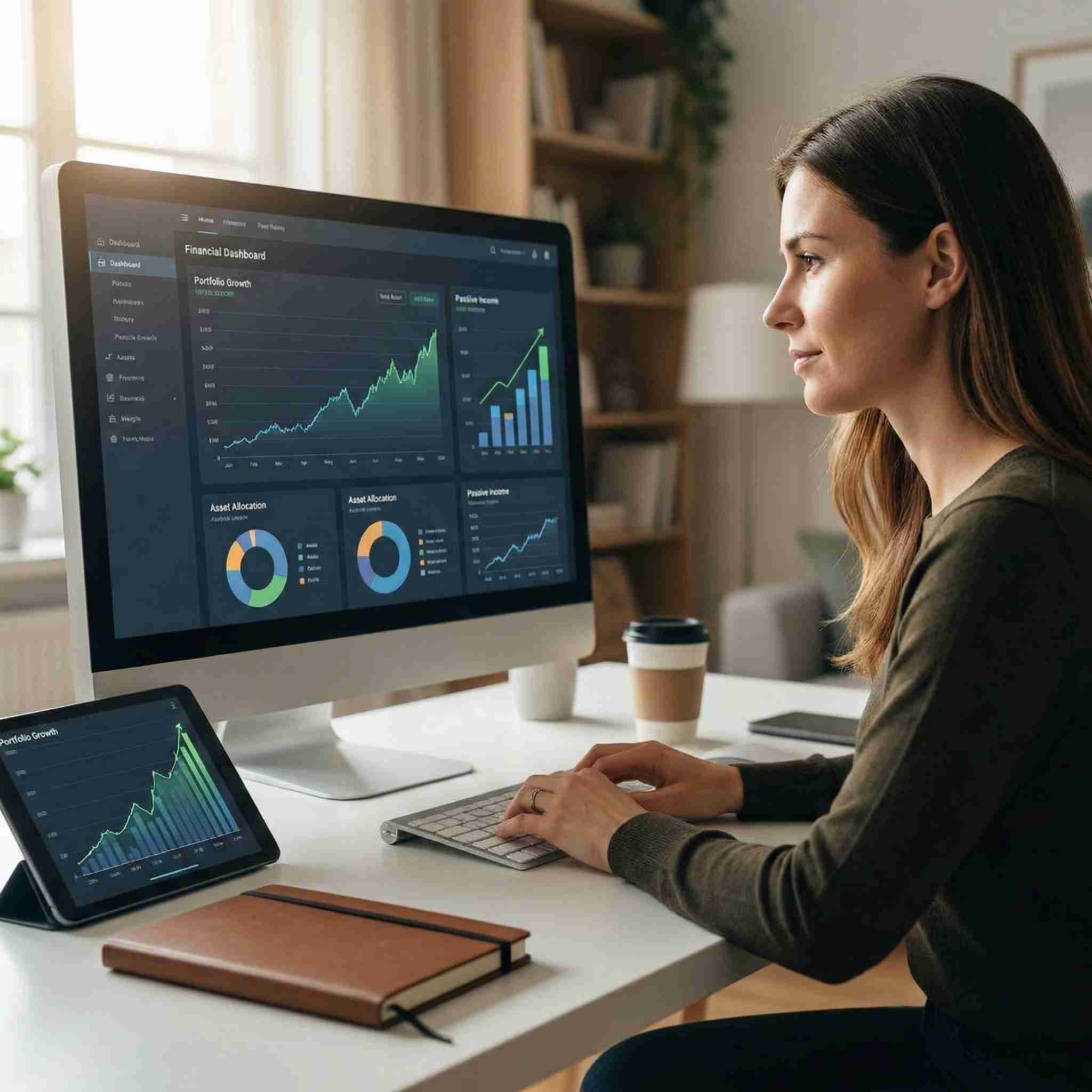 A successful professional monitoring financial growth and digital asset performance on a desktop and tablet dashboard, illustrating the HALearnix Skill-to-Asset roadmap