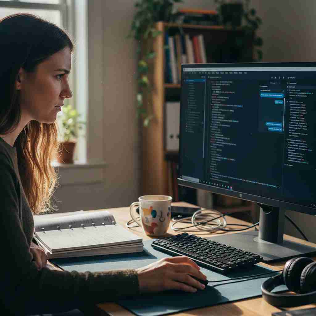 A focused freelance developer, representing HALearnix students, using AI tools and coding on a large monitor in a home office to master real-world AI skills.