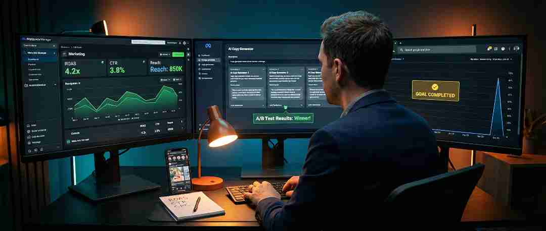 Digital marketer using AI tools to optimize Meta ads and Google campaigns earning high income in 2026