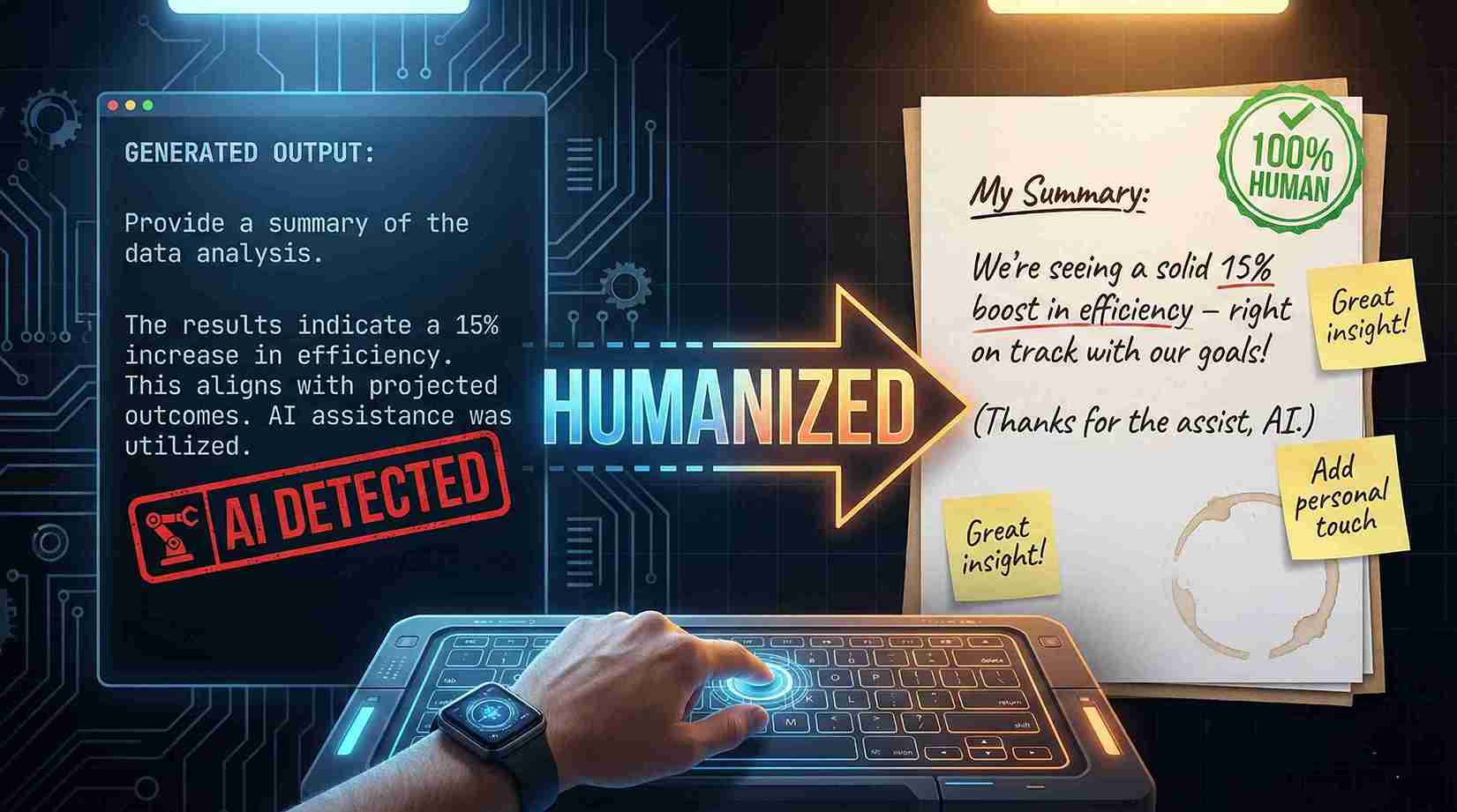 AI content being transformed to undetectable human writing using content humanizer tool
