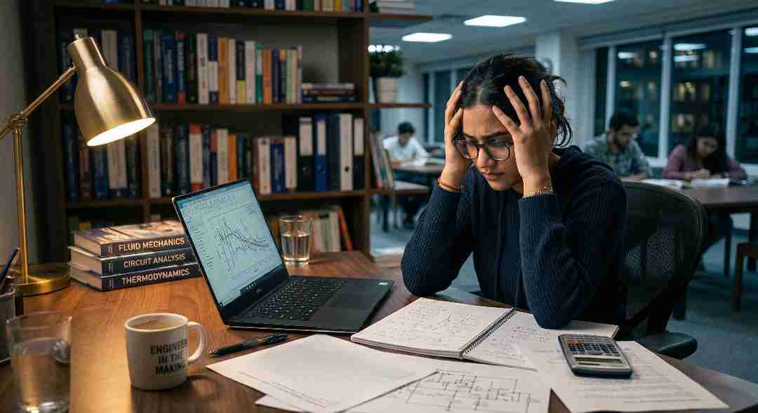 overwhelmed engineering university student surrounded by textbooks and notes