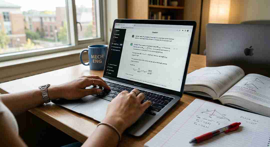 engineering student using chatgpt on laptop for step by step concept explanation
