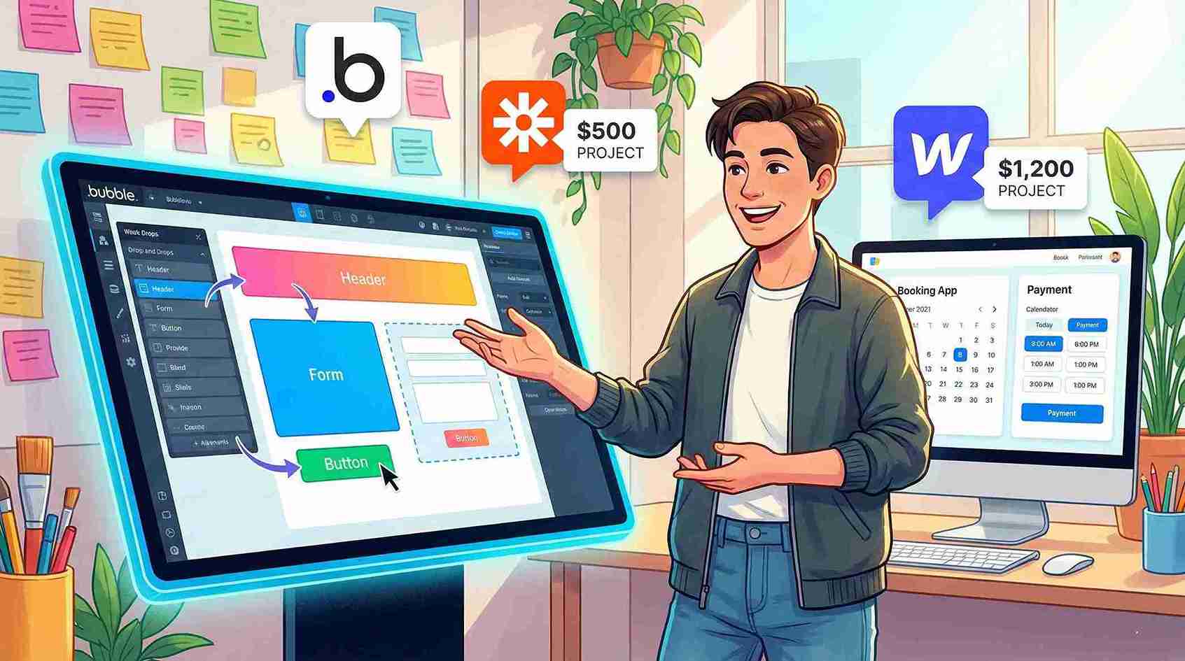 Young professional building no-code web app using vibe coding skills to earn high income in 2026