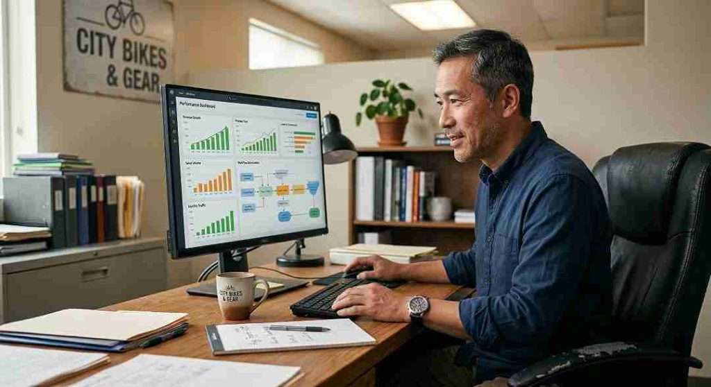 small business owner looking at automation workflow growth chart on screen
