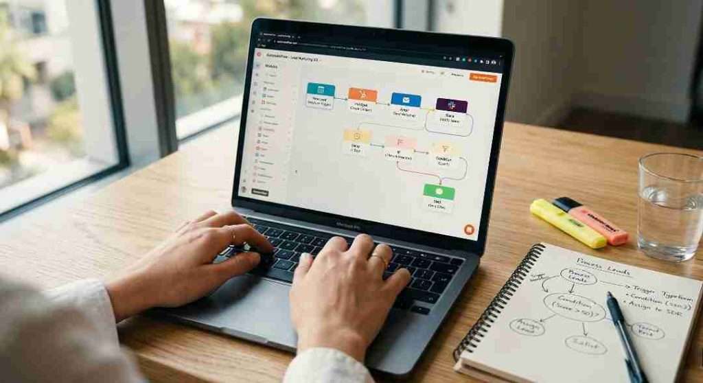 using no code automation tool make.com on laptop to build workflow